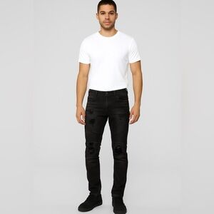 Rockstar Jeans Men’s Size 30 Black Moto Denim Distressed Ribbed Knees Slim Taper